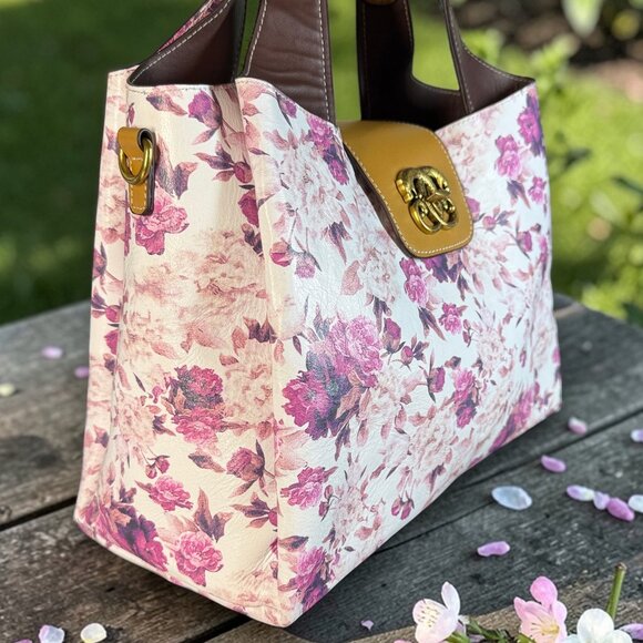 Sharif Legacy Vintage Signature Leather Floral Satchel Everyday Tote Bag - Picture 2 of 16